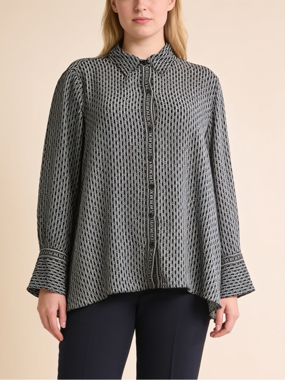 Max Studio London Geometric Print Button Front Blouse 1X Black White Relaxed